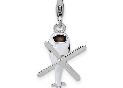 Amore La Vita Sterling Silver Rhodium-plated 3-D Moveable White/Black and Orange Enameled Helicopter Charm with Fancy Lobster Clasp