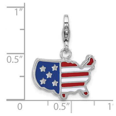 Amore La Vita Sterling Silver Rhodium-plated Red/White and Blue American Flag Shaped as United States Of America Charm with Fancy Lobster Clasp