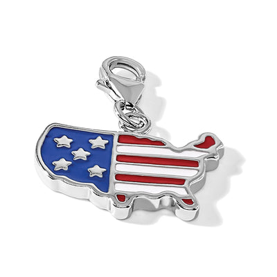 Amore La Vita Sterling Silver Rhodium-plated Red/White and Blue American Flag Shaped as United States Of America Charm with Fancy Lobster Clasp
