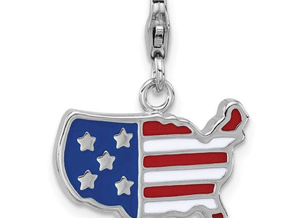 Amore La Vita Sterling Silver Rhodium-plated Red/White and Blue American Flag Shaped as United States Of America Charm with Fancy Lobster Clasp