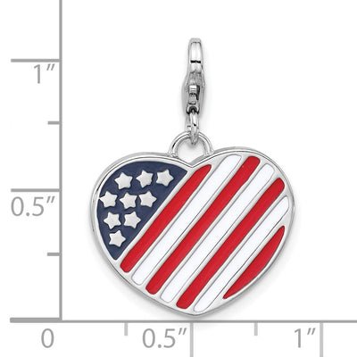 Amore La Vita Sterling Silver Rhodium-plated Red/White and Blue American Flag Shaped as Heart Charm with Fancy Lobster Clasp