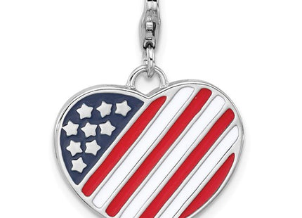 Amore La Vita Sterling Silver Rhodium-plated Red/White and Blue American Flag Shaped as Heart Charm with Fancy Lobster Clasp