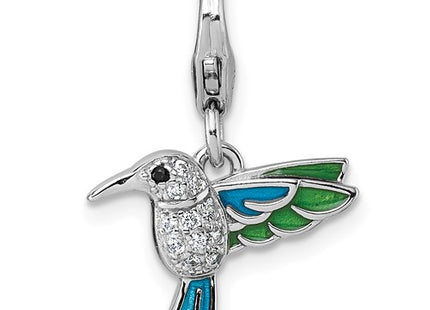 Sterling Silver Amore La Vita Rhodium-plated Blue and Green Enamel with CZ and Black Spinel Hummingbird Charm with Lobster Clasp