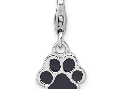 Sterling Silver Amore La Vita Rhodium-plated Polished with Black Enamel Paw Print with Lobster Clasp Charm