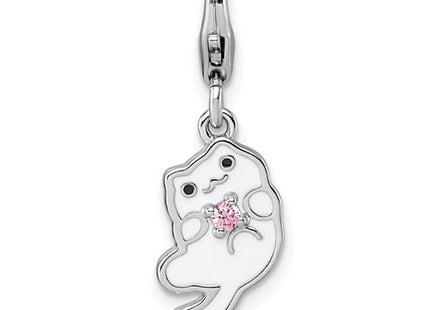 Sterling Silver Amore La Vita Rhodium-plated White Enameled Cat with Pink CZ Charm with Lobster Clasp