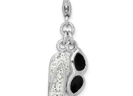 Sterling Silver Amore La Vita Rhodium-plated Polished Black Enamel Sunglasses And White Crystal Flip-Flop Charm