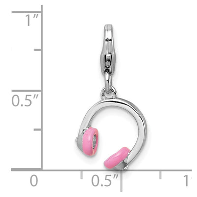Sterling Silver Amore La Vita Rhodium-plated 3D Pink Enamel and Swarovski Crystal Headphones Charm with Lobster Clasp