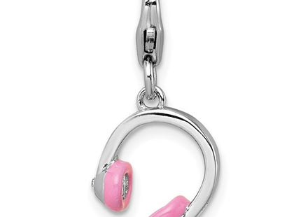 Sterling Silver Amore La Vita Rhodium-plated 3D Pink Enamel and Swarovski Crystal Headphones Charm with Lobster Clasp