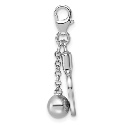 Sterling Silver Amore La Vita Rhodium-plated 3D Textured Ping Pong Paddle and Ball Charm with Lobster Clasp