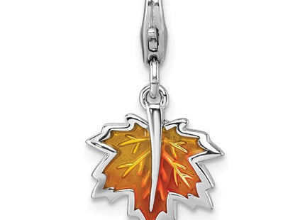 Sterling Silver Amore La Vita Rhodium-plated Orange Enameled Leaf Charm with Lobster Clasp
