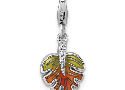 Sterling Silver Amore La Vita Rhodium-plated 3D Green and Orange Enameled with CZ Leaf Charm with Lobster Clasp