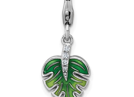 Sterling Silver Amore La Vita Rhodium-plated 3D Green Enameled with CZ Leaf Charm with Lobster Clasp