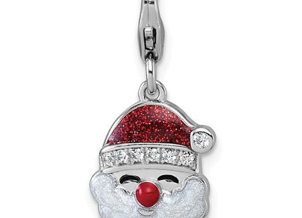 Sterling Silver Amore La Vita Rhodium-plated Red and White Glitter Enameled with CZ Santa Charm with Lobster Clasp