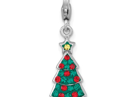 Sterling Silver Amore La Vita Rhodium-plated Polished Green/Red/Yellow Crystal Christmas Tree Charm