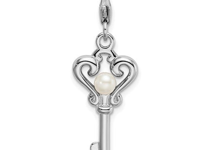 Amore La Vita Sterling Silver Rhodium-plated Polished Freshwater Cultured Pearl Key Charm with Fancy Lobster Clasp