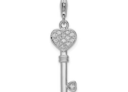 Amore La Vita Sterling Silver Rhodium-plated Polished Clear CZ Heart Top Key Charm with Fancy Lobster Clasp