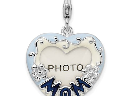 Amore La Vita Sterling Silver Rhodium-plated Polished Blue Enameled MOM Photo Charm with Fancy Lobster Clasp
