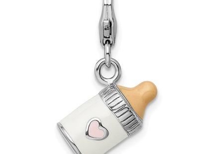 Amore La Vita Sterling Silver Rhodium-plated Polished 3-D Enameled Baby Bottle Charm with Fancy Lobster Clasp