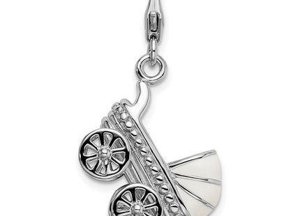 Amore La Vita Sterling Silver Rhodium-plated Polished 3-D Enameled Baby Carriage Charm with Fancy Lobster Clasp