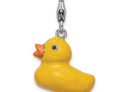 Amore La Vita Sterling Silver Rhodium-plated Polished 3-D Enameled Duck Charm with Fancy Lobster Clasp