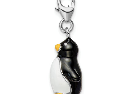 Amore La Vita Sterling Silver Rhodium-plated Polished 3-D Enameled Penguin Charm with Fancy Lobster Clasp, 39 x 12mm
