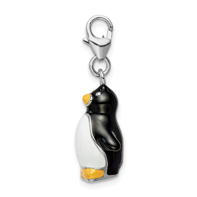 Amore La Vita Sterling Silver Rhodium-plated Polished 3-D Enameled Penguin Charm with Fancy Lobster Clasp, 39 x 12mm
