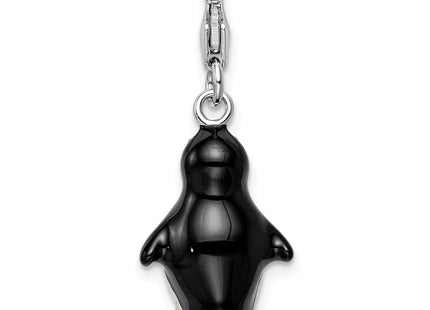 Amore La Vita Sterling Silver Rhodium-plated Polished 3-D Enameled Penguin Charm with Fancy Lobster Clasp, 39 x 12mm