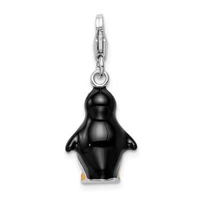 Amore La Vita Sterling Silver Rhodium-plated Polished 3-D Enameled Penguin Charm with Fancy Lobster Clasp, 39 x 12mm