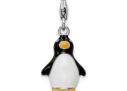 Amore La Vita Sterling Silver Rhodium-plated Polished 3-D Enameled Penguin Charm with Fancy Lobster Clasp