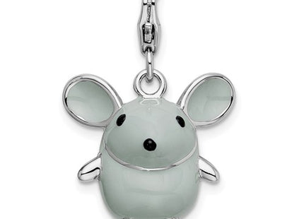 Amore La Vita Sterling Silver Rhodium-plated Polished 3-D Enameled Grey Mouse Charm with Fancy Lobster Clasp
