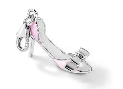 Amore La Vita Sterling Silver Rhodium-plated Polished 3-D Pink Enameled Bow-top High Heel Charm with Fancy Lobster Clasp