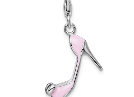 Amore La Vita Sterling Silver Rhodium-plated Polished 3-D Pink Enameled Bow-top High Heel Charm with Fancy Lobster Clasp