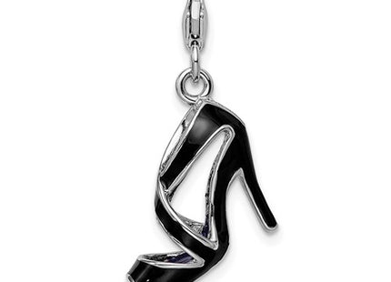 Amore La Vita Sterling Silver Rhodium-plated Polished 3-D Enameled Black High Heel Charm with Fancy Lobster Clasp