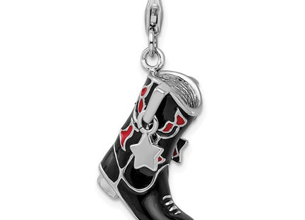 Amore La Vita Sterling Silver Rhodium-plated Polished 3-D Black Red Enameled Cowboy Boot Charm with Fancy Lobster Clasp