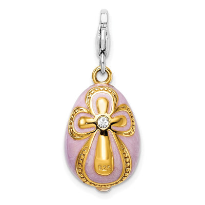 Amore La Vita Sterling Silver Rhodium-plated and Gold-plated Polished 3-D Crystal Enameled Pink Egg with Cross Charm with Fancy Lobster Clasp