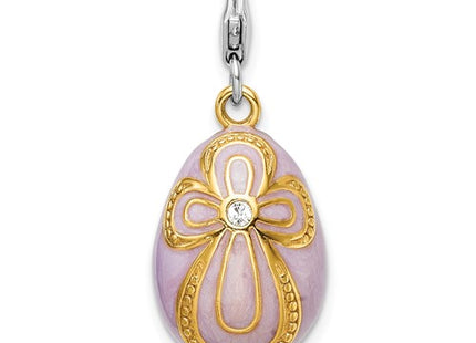Amore La Vita Sterling Silver Rhodium-plated and Gold-plated Polished 3-D Crystal Enameled Pink Egg with Cross Charm with Fancy Lobster Clasp