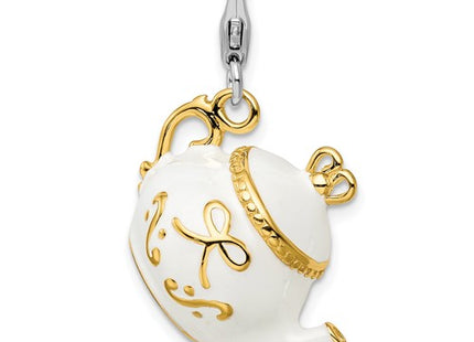 Amore La Vita Sterling Silver Rhodium-plated and Gold-plated Polished 3-D White Enameled Tea Pot Charm with Fancy Lobster Clasp