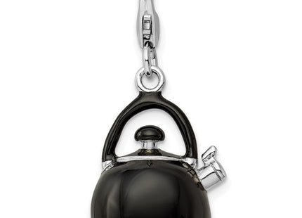 Amore La Vita Sterling Silver Rhodium-plated Polished 3-D Enameled Black Tea Kettle Charm with Fancy Lobster Clasp