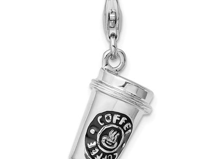 Amore La Vita Sterling Silver Rhodium-plated Polished 3-D Enameled To Go Coffee Cup Charm with Fancy Lobster Clasp