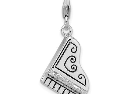 Amore La Vita Sterling Silver Rhodium-plated Polished 3-D Enameled Grand Piano with Heart Scroll Charm with Fancy Lobster Clasp