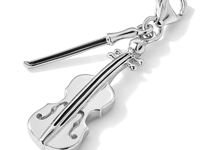 Amore La Vita Sterling Silver Rhodium-plated Polished 3-D Violin with Antiqued Bow Charm with Fancy Lobster Clasp