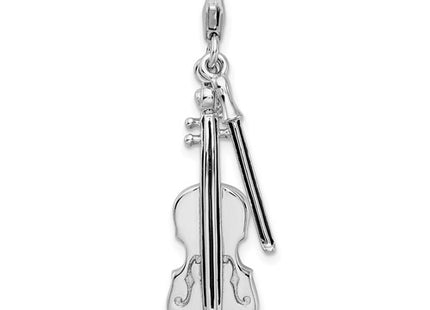 Amore La Vita Sterling Silver Rhodium-plated Polished 3-D Violin with Antiqued Bow Charm with Fancy Lobster Clasp