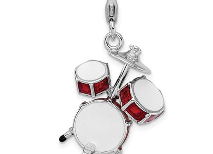 Amore La Vita Sterling Silver Rhodium-plated Polished 3-D Enameled Drum Set Charm with Fancy Lobster Clasp