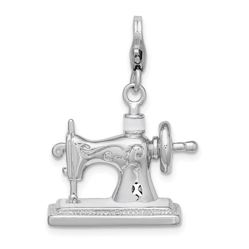 Amore La Vita Sterling Silver Rhodium-plated Polished 3-D Enameled Sewing Machine Charm with Fancy Lobster Clasp, 40 x 21mm