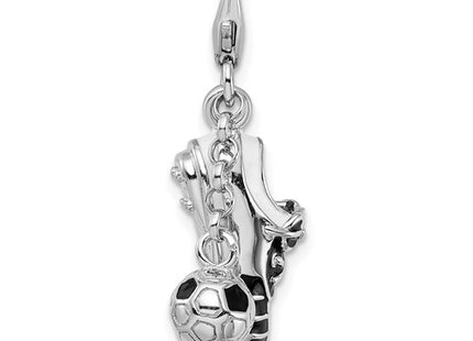 Amore La Vita Sterling Silver Rhodium-plated Polished 3-D Moveable Enameled Soccer Shoe and Ball Charm with Fancy Lobster Clasp