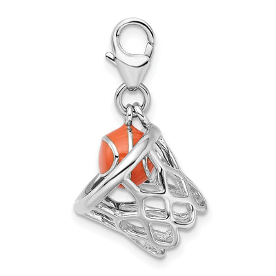 Amore La Vita Sterling Silver Rhodium-plated Polished 3-D Moveable Enameled Basketball in Net Charm with Fancy Lobster Clasp