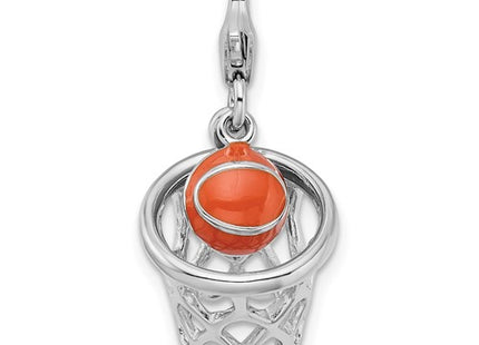 Amore La Vita Sterling Silver Rhodium-plated Polished 3-D Moveable Enameled Basketball in Net Charm with Fancy Lobster Clasp