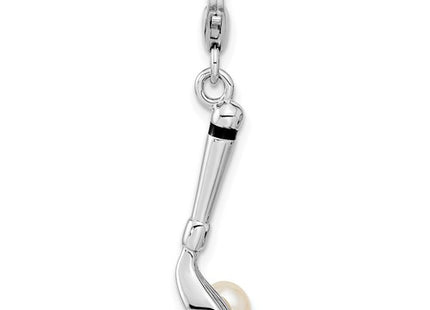 Amore La Vita Sterling Silver Rhodium-plated Polished 3-D Freshwater Cultured Pearl Golf Club Charm with Fancy Lobster Clasp