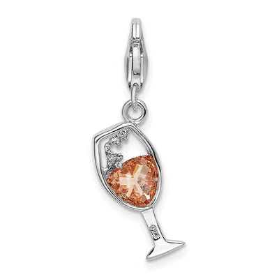 Amore La Vita Sterling Silver Rhodium-plated Polished CZ Enameled Open Champagne Glass Charm with Fancy Lobster Clasp