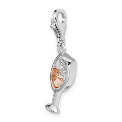 Amore La Vita Sterling Silver Rhodium-plated Polished CZ Enameled Open Champagne Glass Charm with Fancy Lobster Clasp